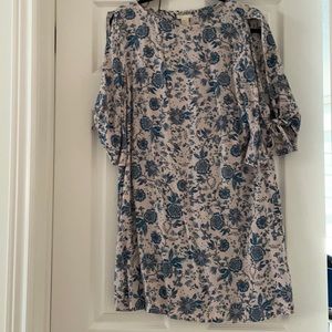 Blue and white floral dress with cutout sleeves